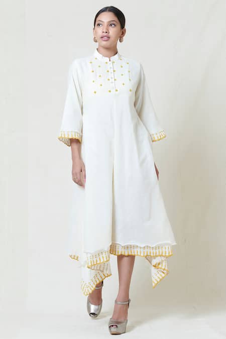 Brij White Kora Chanderi, Mulmul Band Collar Embroidered Midi Dress 