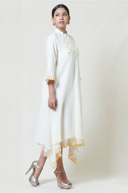 Brij White Kora Chanderi, Mulmul Band Collar Embroidered Midi Dress Online at Aza Fashions Brij_White Kora Chanderi, Mulmul Band Collar Embroidered Midi Dress _Online_at_Aza_Fashions