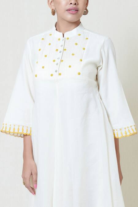 Buy Brij White Kora Chanderi, Mulmul Band Collar Embroidered Midi Dress Online at Aza Fashions Buy_Brij_White Kora Chanderi, Mulmul Band Collar Embroidered Midi Dress _Online_at_Aza_Fashions