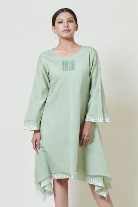 Brij Green Kora Chanderi, Mulmul Round Embroidered Short Dress 