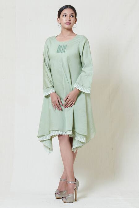 Brij Green Kora Chanderi, Mulmul Round Embroidered Short Dress Online at Aza Fashions Brij_Green Kora Chanderi, Mulmul Round Embroidered Short Dress _Online_at_Aza_Fashions