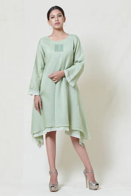 Shop Brij Green Kora Chanderi, Mulmul Round Embroidered Short Dress at Aza Fashions Shop_Brij_Green Kora Chanderi, Mulmul Round Embroidered Short Dress _at_Aza_Fashions