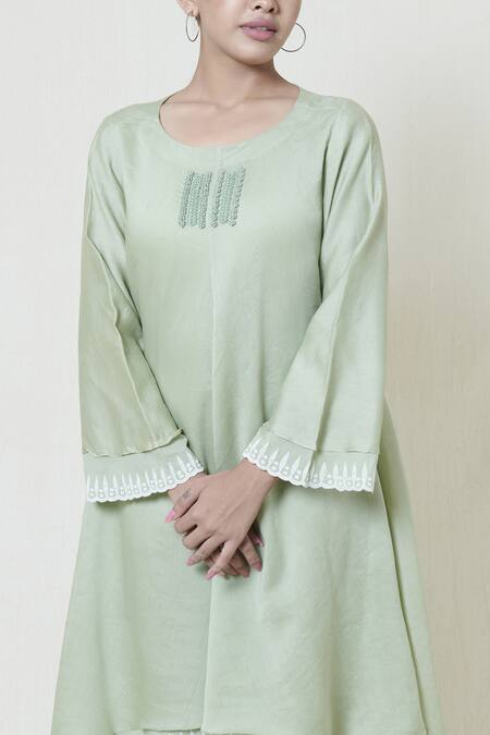 Shop Brij Green Kora Chanderi, Mulmul Round Embroidered Short Dress Online at Aza Fashions Shop_Brij_Green Kora Chanderi, Mulmul Round Embroidered Short Dress _Online_at_Aza_Fashions