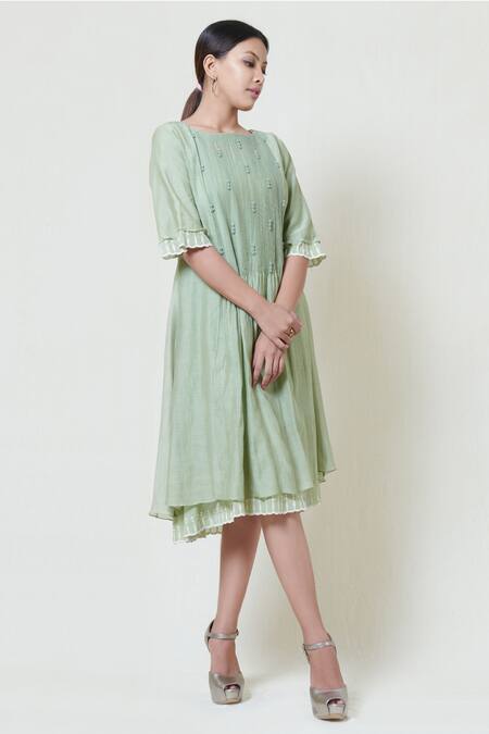 Brij Green Kora Chanderi, Mulmul Boat Embroidered Midi Dress Online at Aza Fashions Brij_Green Kora Chanderi, Mulmul Boat Embroidered Midi Dress _Online_at_Aza_Fashions