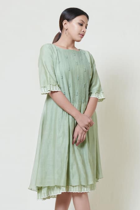 Brij Green Kora Chanderi, Mulmul Boat Embroidered Midi Dress 