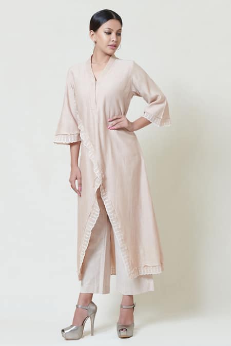 Brij Beige Kora Chanderi V Neck Embroidered Kurta Online at Aza Fashions Brij_Beige Kora Chanderi V Neck Embroidered Kurta _Online_at_Aza_Fashions