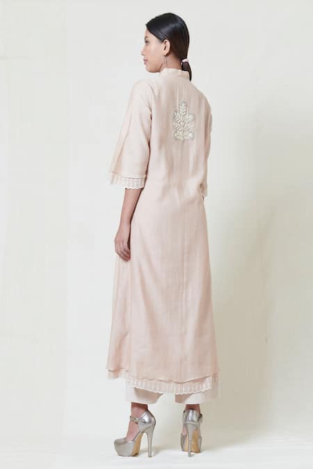 Shop Brij Beige Kora Chanderi V Neck Embroidered Kurta at Aza Fashions Shop_Brij_Beige Kora Chanderi V Neck Embroidered Kurta _at_Aza_Fashions