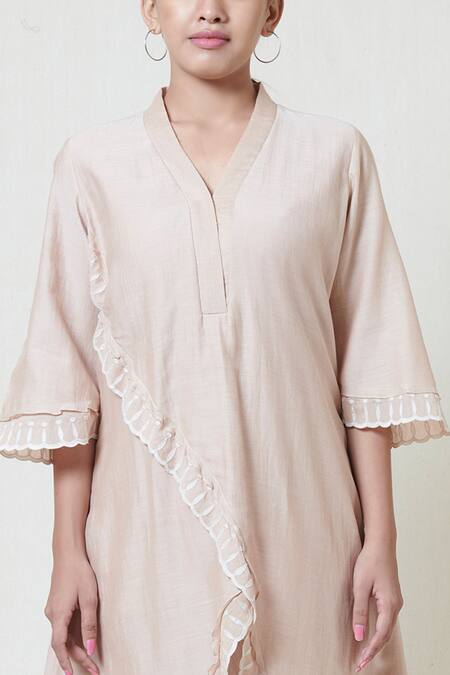 Shop Brij Beige Kora Chanderi V Neck Embroidered Kurta Online at Aza Fashions Shop_Brij_Beige Kora Chanderi V Neck Embroidered Kurta _Online_at_Aza_Fashions