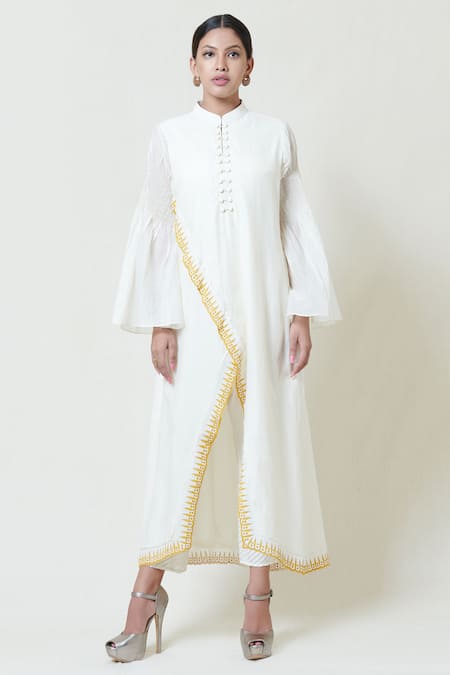 Brij White Kora Chanderi Band Collar Embroidered Kurta 