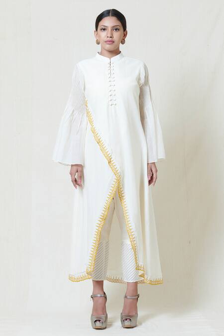 Brij White Kora Chanderi Band Collar Embroidered Kurta Online at Aza Fashions Brij_White Kora Chanderi Band Collar Embroidered Kurta _Online_at_Aza_Fashions