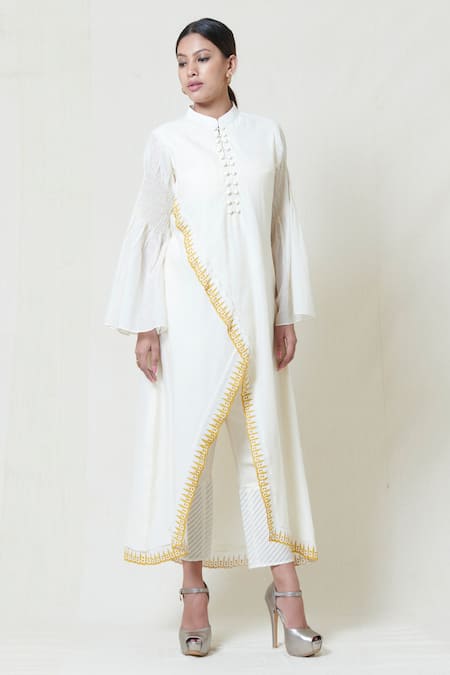 Shop Brij White Kora Chanderi Band Collar Embroidered Kurta at Aza Fashions Shop_Brij_White Kora Chanderi Band Collar Embroidered Kurta _at_Aza_Fashions