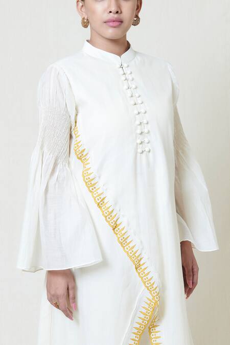 Buy Brij White Kora Chanderi Band Collar Embroidered Kurta Online at Aza Fashions Buy_Brij_White Kora Chanderi Band Collar Embroidered Kurta _Online_at_Aza_Fashions