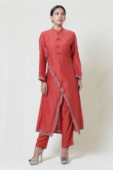 Brij_Red Kora Chanderi Band Collar Embroidered Kurta Pant Set _Online_at_Aza_Fashions