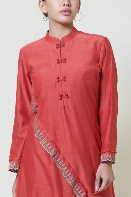 Shop_Brij_Red Kora Chanderi Band Collar Embroidered Kurta Pant Set _Online_at_Aza_Fashions