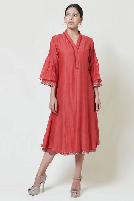 Brij_Red Kora Chanderi, Mulmul V Neck Embroidered Midi Dress _Online_at_Aza_Fashions