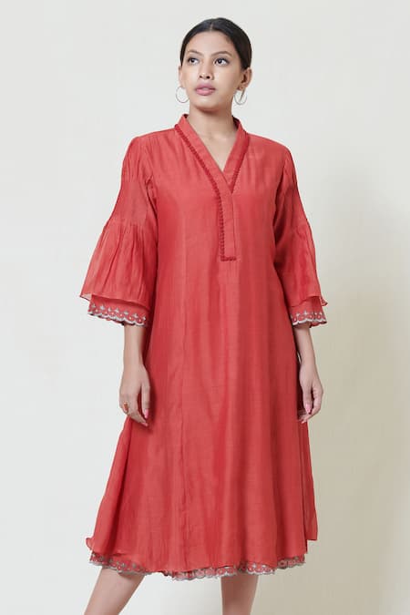 Brij Embroidered Kora Chanderi Midi Dress 