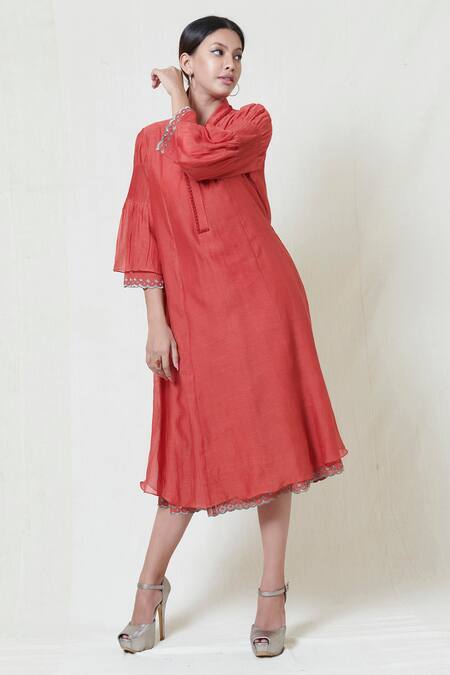 Shop_Brij_Red Kora Chanderi, Mulmul V Neck Embroidered Midi Dress _at_Aza_Fashions