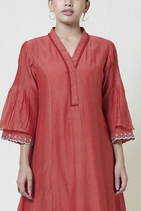 Buy_Brij_Red Kora Chanderi, Mulmul V Neck Embroidered Midi Dress _Online_at_Aza_Fashions