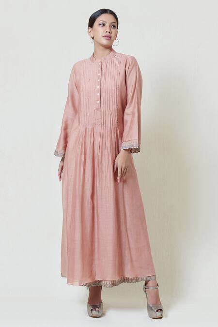 Brij Pink Kora Chanderi, Mulmul Band Collar Embroidered Midi Dress Online at Aza Fashions Brij_Pink Kora Chanderi, Mulmul Band Collar Embroidered Midi Dress _Online_at_Aza_Fashions