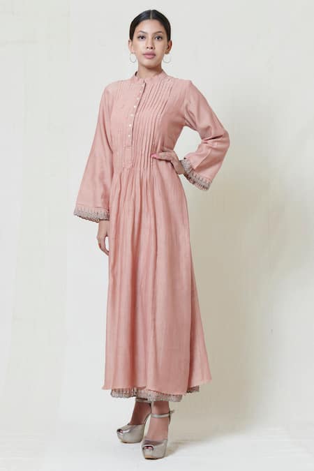 Shop Brij Pink Kora Chanderi, Mulmul Band Collar Embroidered Midi Dress at Aza Fashions Shop_Brij_Pink Kora Chanderi, Mulmul Band Collar Embroidered Midi Dress _at_Aza_Fashions