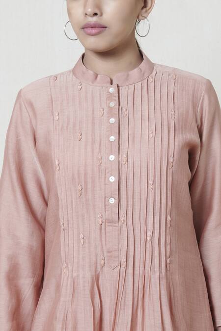 Buy Brij Pink Kora Chanderi, Mulmul Band Collar Embroidered Midi Dress Online at Aza Fashions Buy_Brij_Pink Kora Chanderi, Mulmul Band Collar Embroidered Midi Dress _Online_at_Aza_Fashions