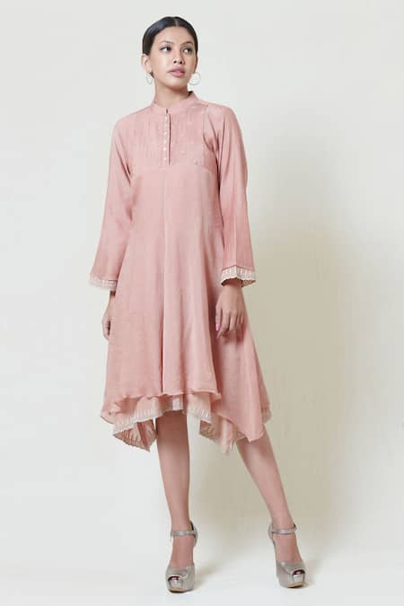 Brij Pink Kora Chanderi, Mulmul Band Collar Embroidered Short Dress 