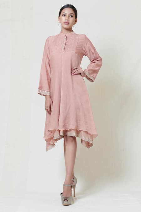 Shop Brij Pink Kora Chanderi, Mulmul Band Collar Embroidered Short Dress at Aza Fashions Shop_Brij_Pink Kora Chanderi, Mulmul Band Collar Embroidered Short Dress _at_Aza_Fashions