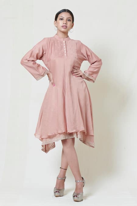 Brij Pink Kora Chanderi, Mulmul Band Collar Embroidered Short Dress Online at Aza Fashions Brij_Pink Kora Chanderi, Mulmul Band Collar Embroidered Short Dress _Online_at_Aza_Fashions