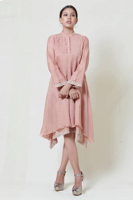 Buy Brij Pink Kora Chanderi, Mulmul Band Collar Embroidered Short Dress Online at Aza Fashions Buy_Brij_Pink Kora Chanderi, Mulmul Band Collar Embroidered Short Dress _Online_at_Aza_Fashions