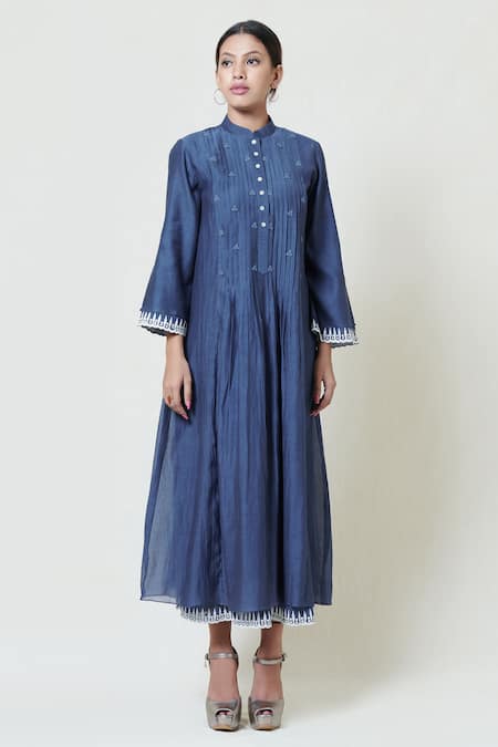 Shop Brij Blue Kora Chanderi, Mulmul Band Collar Embroidered Midi Dress at Aza Fashions Shop_Brij_Blue Kora Chanderi, Mulmul Band Collar Embroidered Midi Dress _at_Aza_Fashions