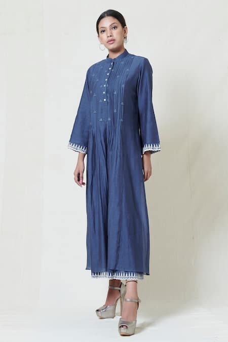 Brij Blue Kora Chanderi, Mulmul Band Collar Embroidered Midi Dress Online at Aza Fashions Brij_Blue Kora Chanderi, Mulmul Band Collar Embroidered Midi Dress _Online_at_Aza_Fashions