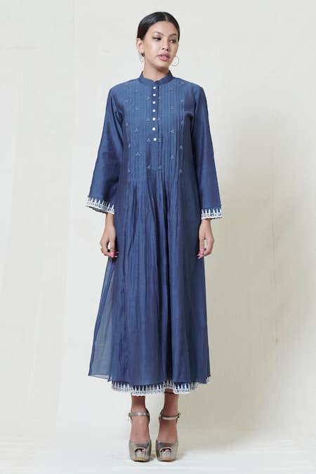 Buy Brij Blue Kora Chanderi, Mulmul Band Collar Embroidered Midi Dress Online at Aza Fashions Buy_Brij_Blue Kora Chanderi, Mulmul Band Collar Embroidered Midi Dress _Online_at_Aza_Fashions