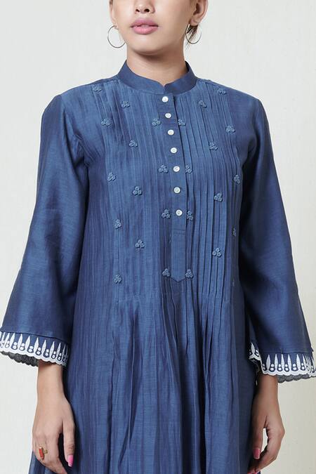 Shop Brij Blue Kora Chanderi, Mulmul Band Collar Embroidered Midi Dress Online at Aza Fashions Shop_Brij_Blue Kora Chanderi, Mulmul Band Collar Embroidered Midi Dress _Online_at_Aza_Fashions