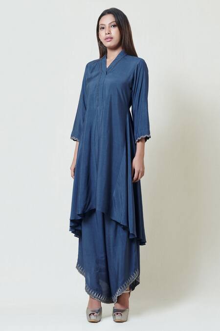 Shop_Brij_Blue Spun Silk V Neck Embroidered Kurta Palazzo Set _at_Aza_Fashions