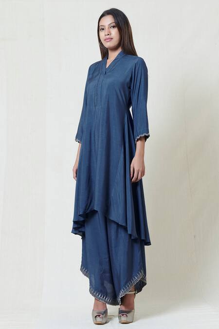 Brij_Blue Spun Silk V Neck Embroidered Kurta Palazzo Set _Online_at_Aza_Fashions