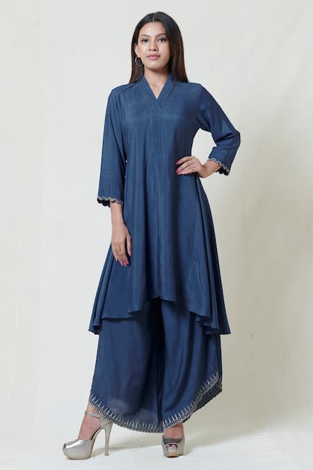 Brij Blue Spun Silk V Neck Embroidered Kurta Palazzo Set 