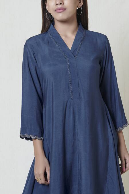 Buy_Brij_Blue Spun Silk V Neck Embroidered Kurta Palazzo Set _Online_at_Aza_Fashions