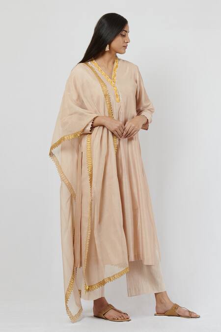Brij_Beige Chanderi, Spun Silk, Kota Cotton V Neck Straight Kurta Set_Online_at_Aza_Fashions