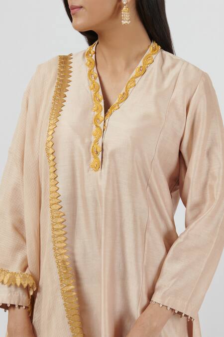 Buy_Brij_Beige Chanderi, Spun Silk, Kota Cotton V Neck Straight Kurta Set_Online_at_Aza_Fashions