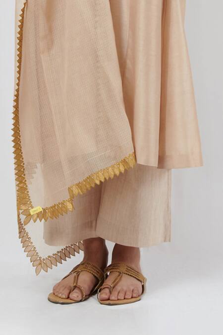 Shop_Brij_Beige Chanderi, Spun Silk, Kota Cotton V Neck Straight Kurta Set_Online_at_Aza_Fashions