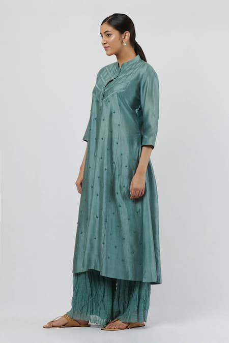 Brij_Blue Chanderi, Kota Cotton Band Collar Embroidered Kurta And Palazzo Set_Online_at_Aza_Fashions