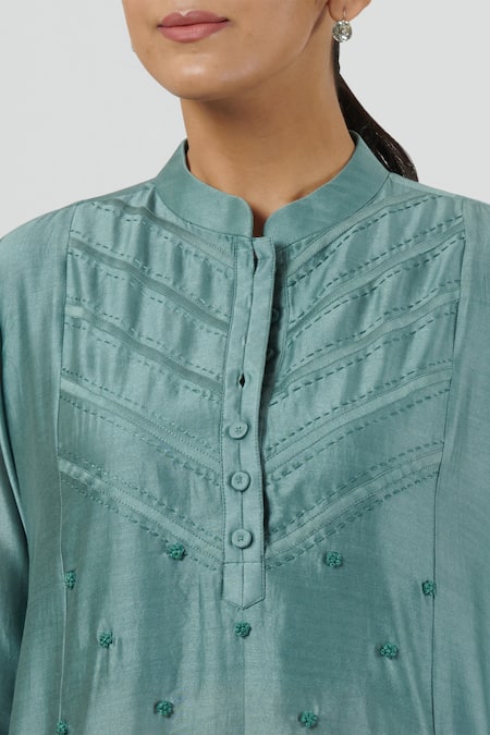 Buy_Brij_Blue Chanderi, Kota Cotton Band Collar Embroidered Kurta And Palazzo Set_Online_at_Aza_Fashions
