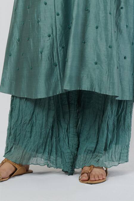 Shop_Brij_Blue Chanderi, Kota Cotton Band Collar Embroidered Kurta And Palazzo Set_Online_at_Aza_Fashions