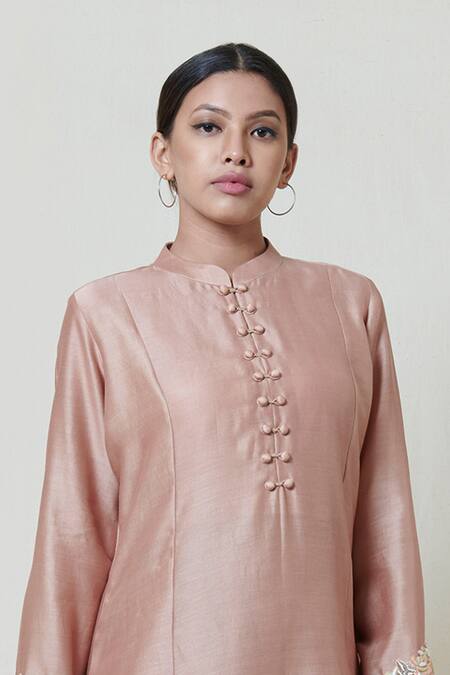 Buy_Brij_Pink Chanderi Band Collar Kurta Palazzo Set _Online_at_Aza_Fashions