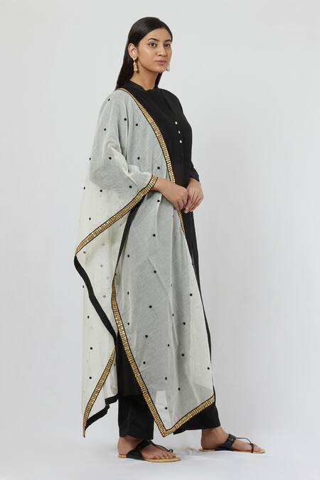 Brij_Black Chanderi, Spun Silk, Kota Cotton Band Collar Straight Kurta Set_Online_at_Aza_Fashions