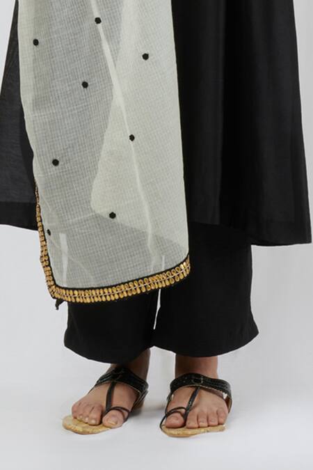 Shop_Brij_Black Chanderi, Spun Silk, Kota Cotton Band Collar Straight Kurta Set_Online_at_Aza_Fashions