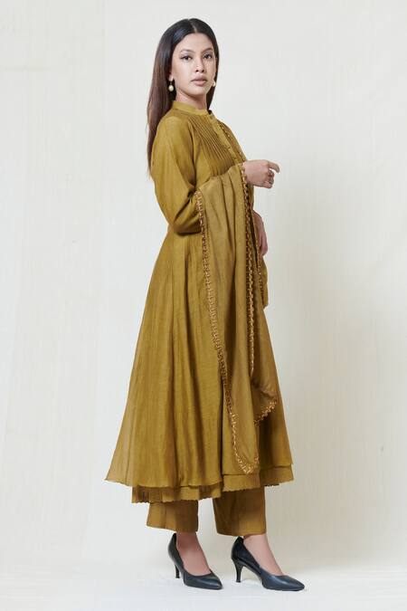 Brij_Gold Kora Chanderi, Spun Mulmul Band Collar Kurta Pant Set _Online_at_Aza_Fashions