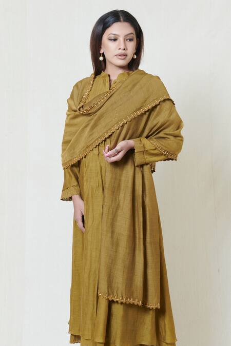 Buy_Brij_Gold Kora Chanderi, Spun Mulmul Band Collar Kurta Pant Set _Online_at_Aza_Fashions