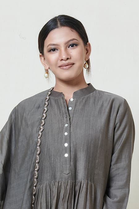 Buy_Brij_Grey Kora Chanderi Band Collar Kurta Palazzo Set _Online_at_Aza_Fashions