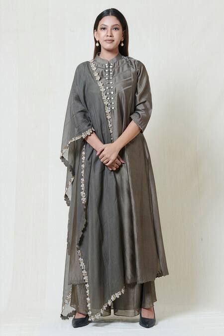 Brij Grey Chanderi Band Collar Kurta Palazzo Set Online at Aza Fashions Brij_Grey Chanderi Band Collar Kurta Palazzo Set _Online_at_Aza_Fashions